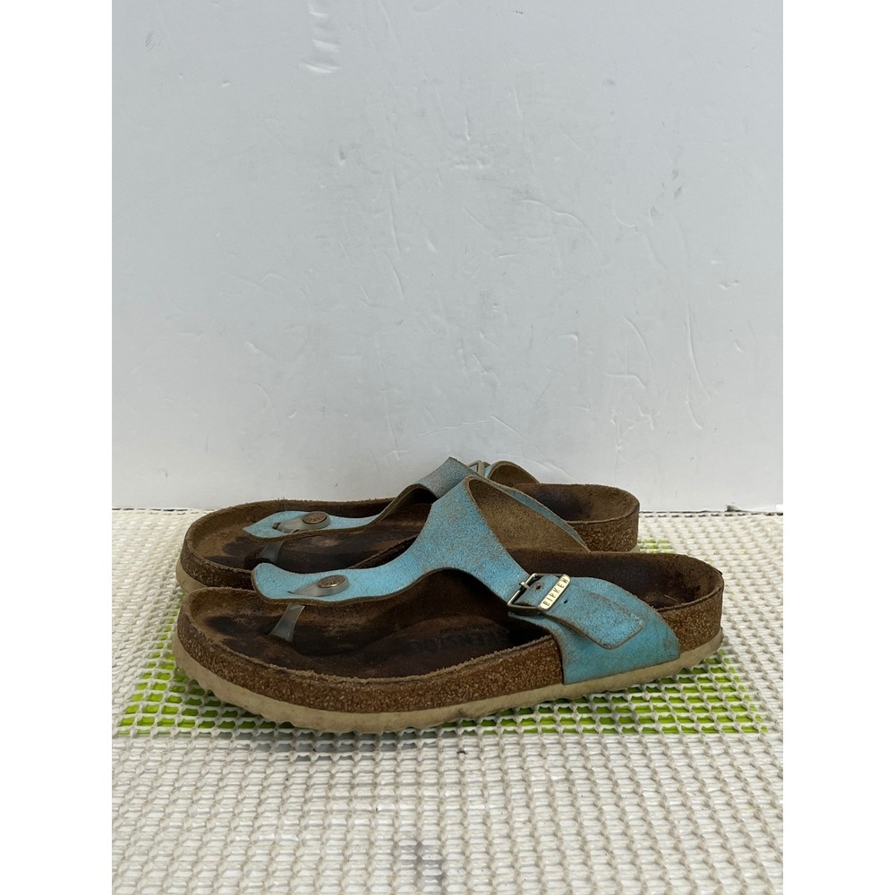 Birkenstock Gizeh Blue Distressed Metallic Thong Sandals Women's 38 L7 M5 GOOD